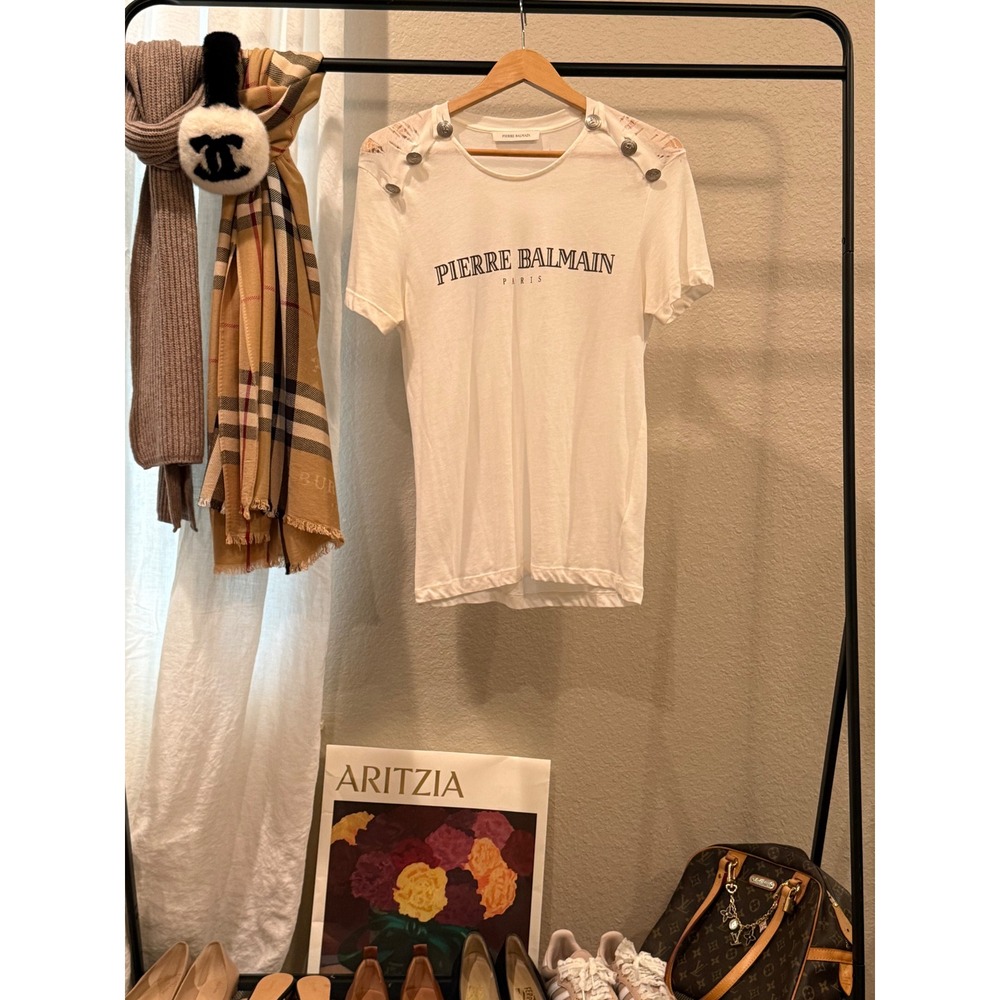 Pierre Balmain Paris White Logo T-Shirt Silver Crest Button Shoulder Detail